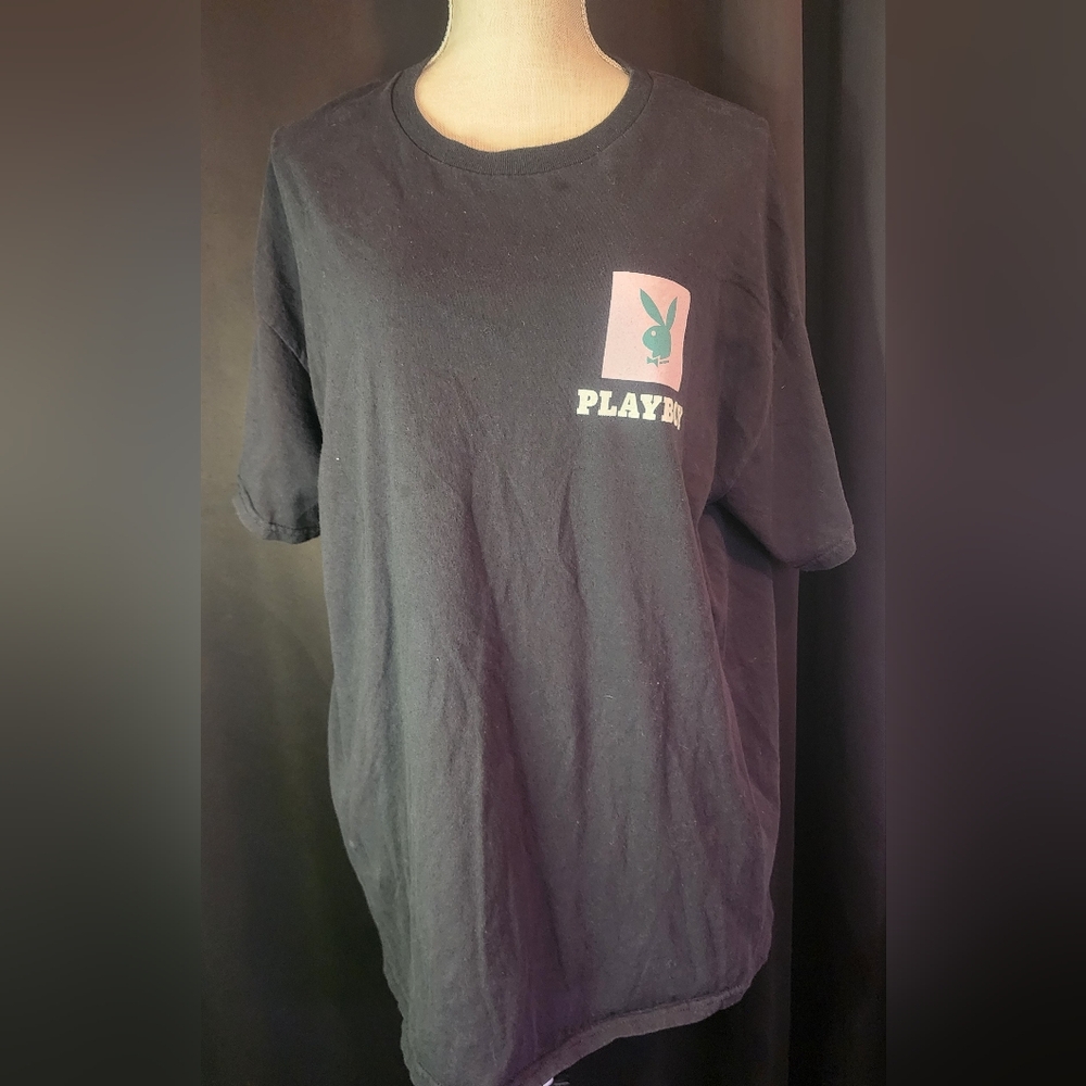 Playboy XL Pink Logo on Front Multicolor Color Block Logo On Back Black Tshirt